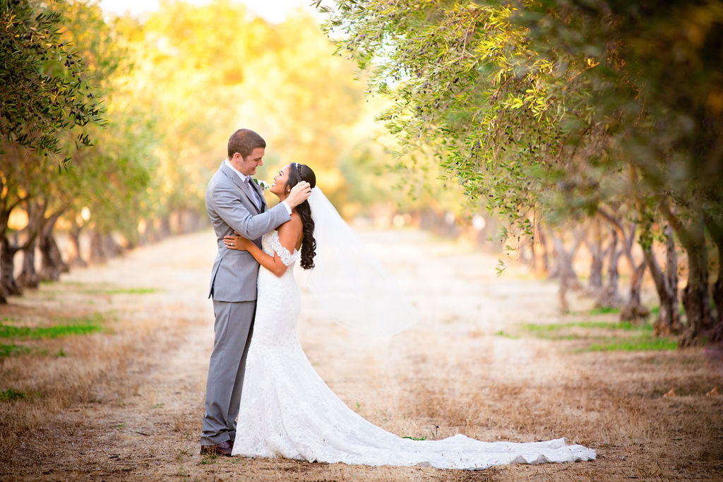 groom holding his new brides face in the groves at their Wolfe Heights Wedding